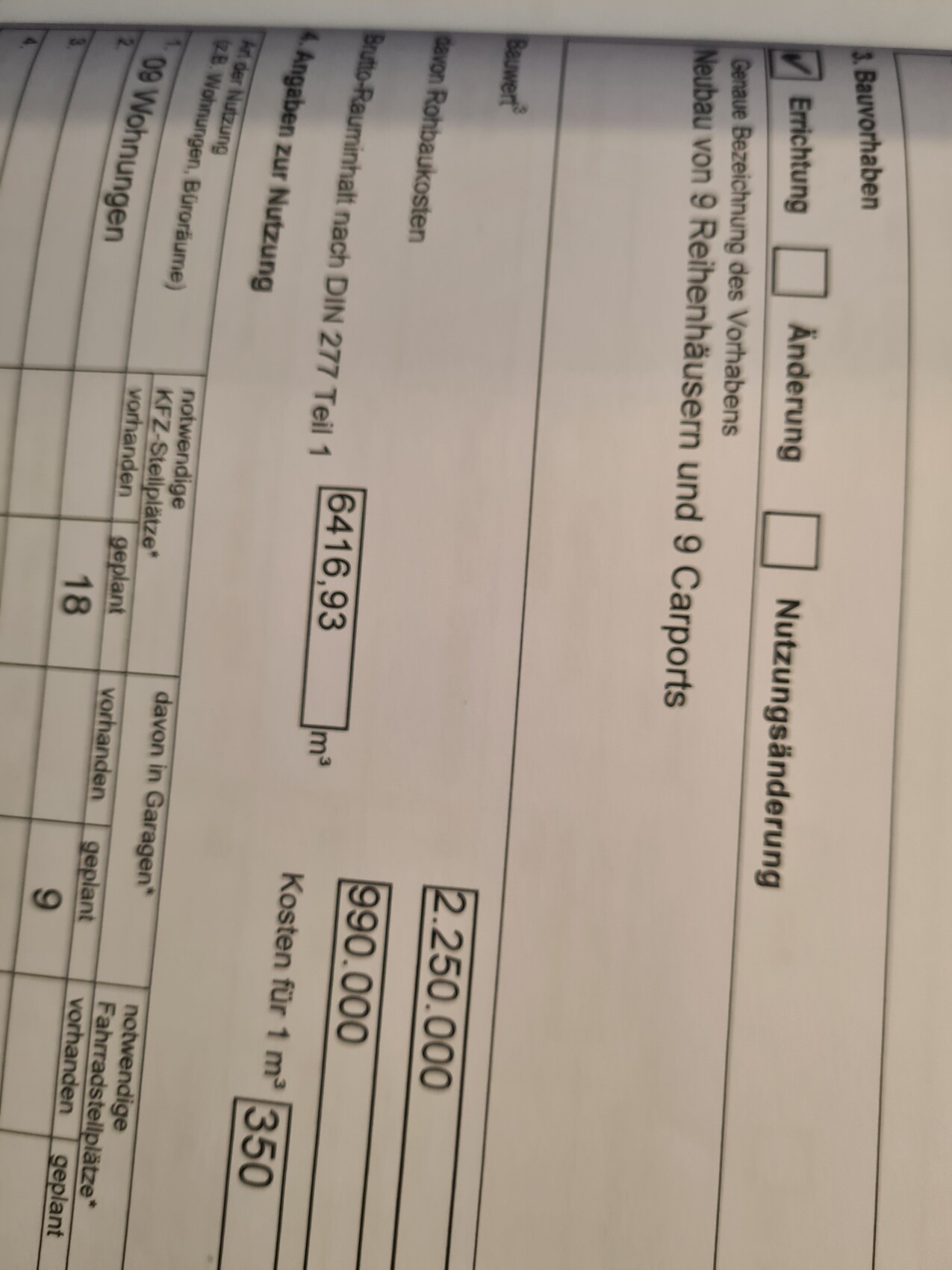 Formularseite mit Tabellen, Zahlenwerten (Beispiele: 2.250.000, 990.000) und Kosten pro m³.