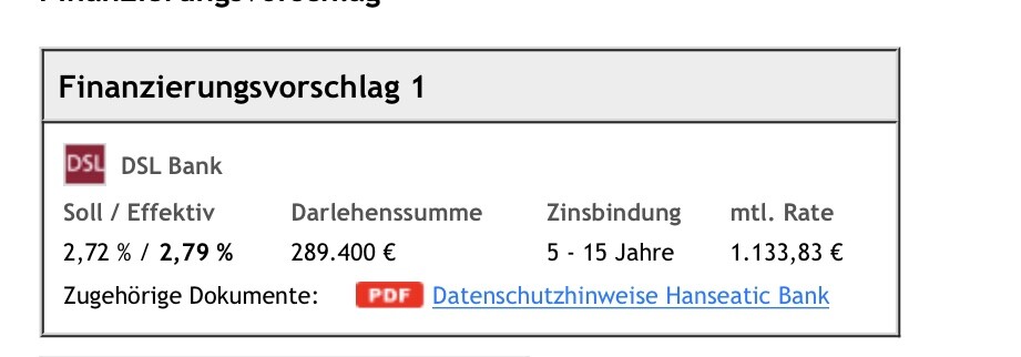 Finanzierungsvorschlag 1 von DSL Bank: Darlehen 289.400 €, Rate 1.133,83 €.