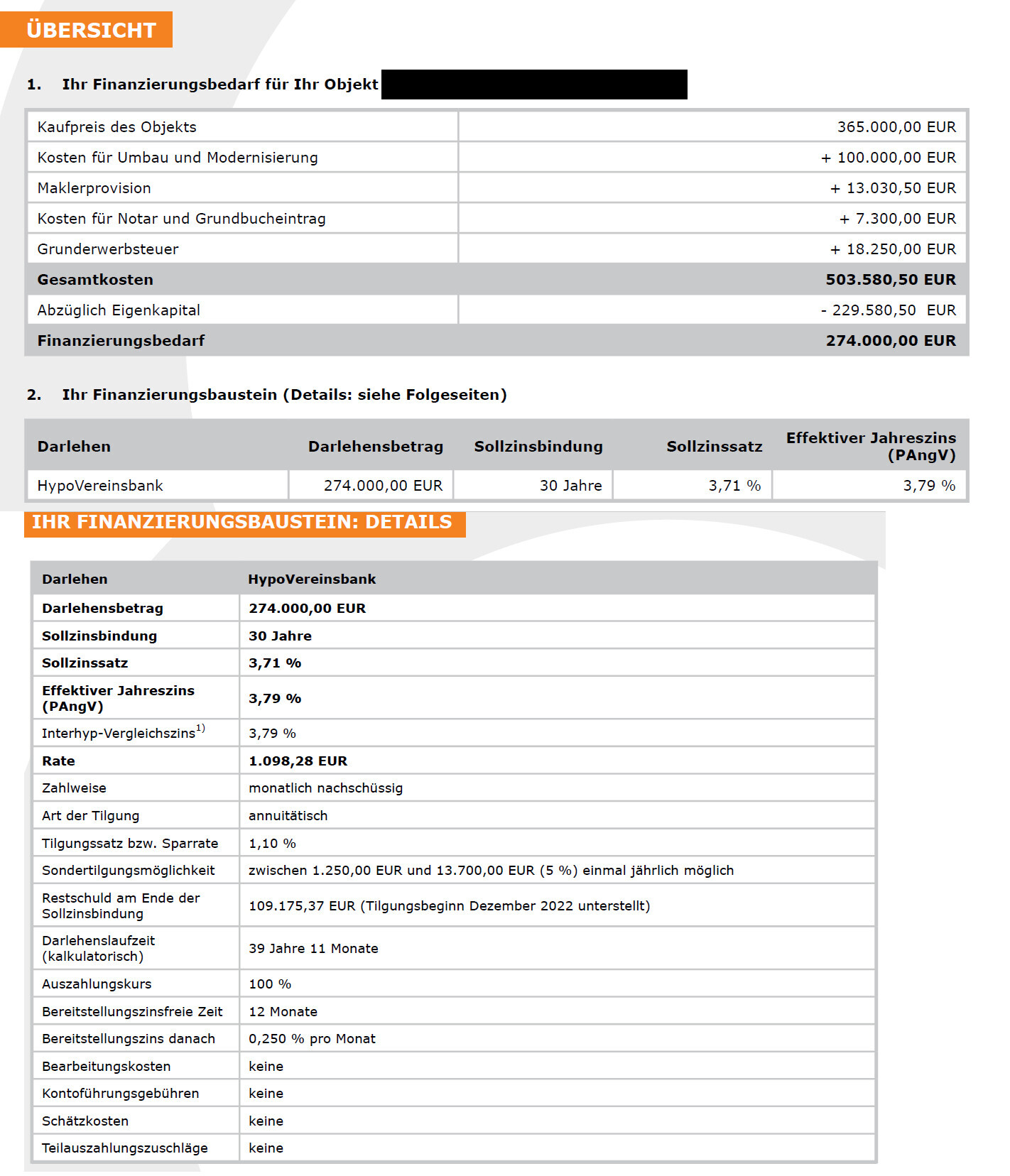 Finanzierungsübersicht mit Gesamtkosten, Darlehen und Tilgungsdetails in Tabellen.