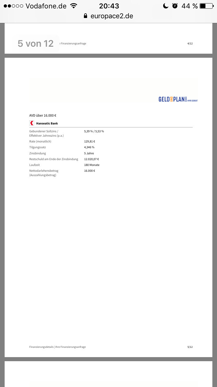 Kreditdokument mit Zinssatz, Rate, Tilgung, Restschuld und Laufzeit.