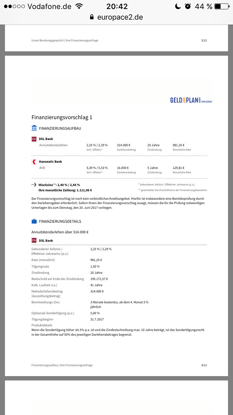 Finanzierungsvorschlag 1 mit Bankdaten, Tabellen zu Zinssatz, Laufzeit und Beträgen