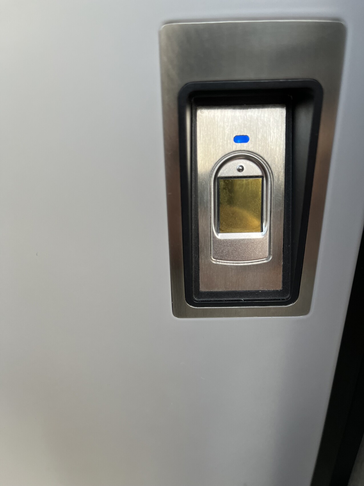 Fingerabdruck-Scanner in Edelstahlrahmen an einer Tür, blaue LED leuchtet.