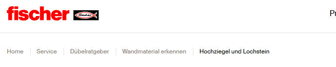 Header mit fischer Logo und Navigation Hochziegel und Lochstein