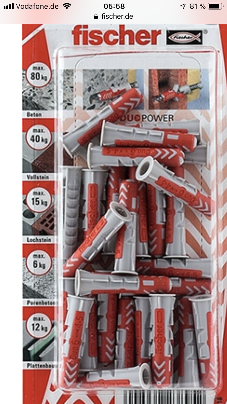 Verpackung von Fischer DuoPower Dübel-Set in rot-grau.