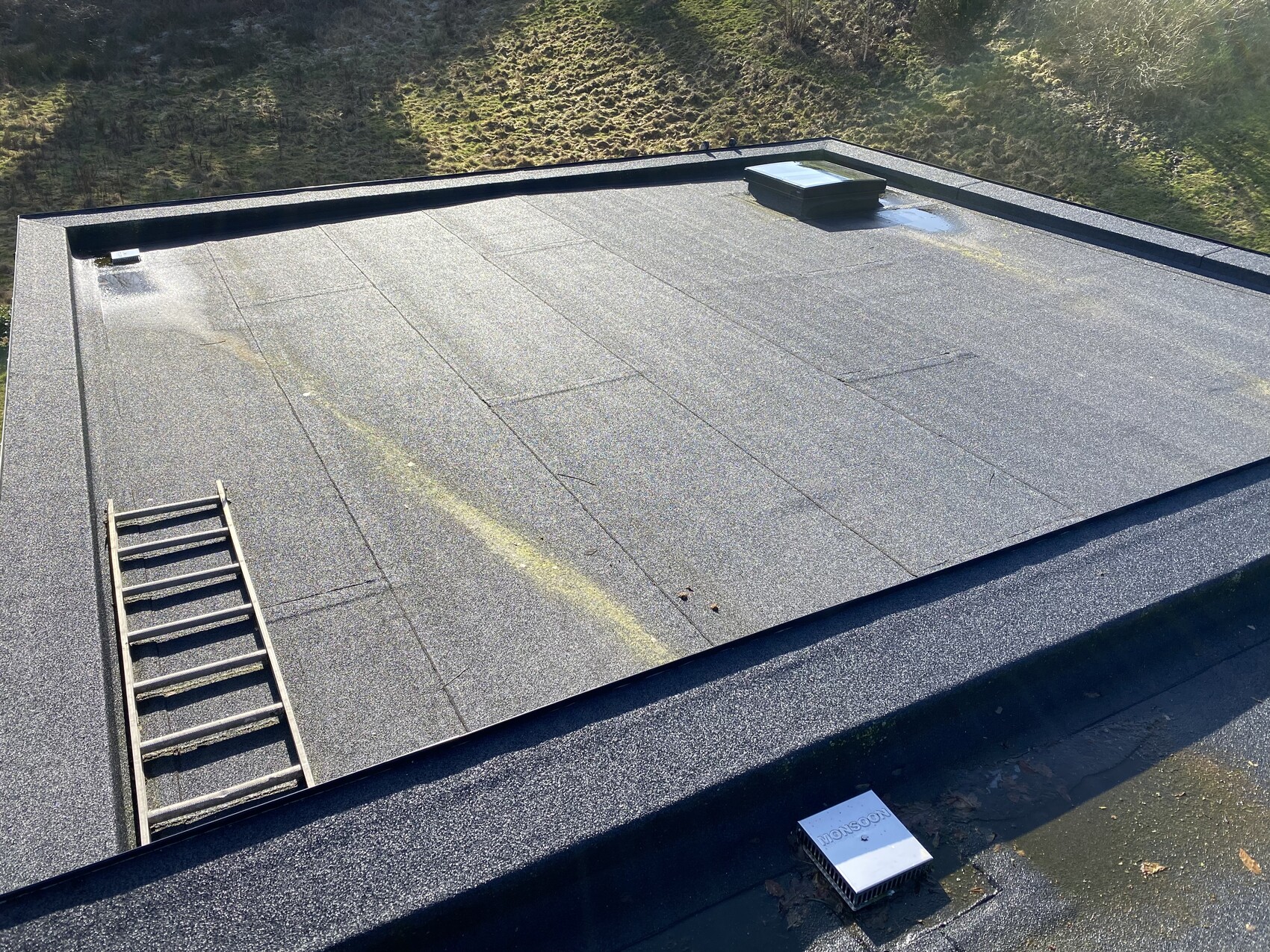 Flachdach von oben mit Leiter links, kleines Dachfenster/Belüftung rechts und Moos an den Fugen.