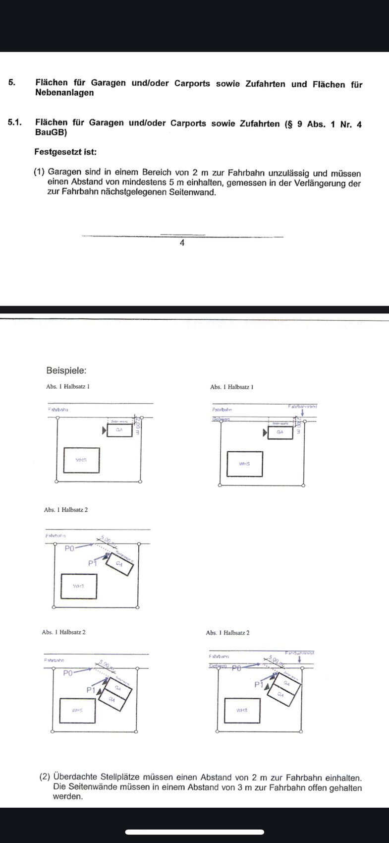 Planungsdokument mit Flächen für Garagen, Carports und Zufahrten
