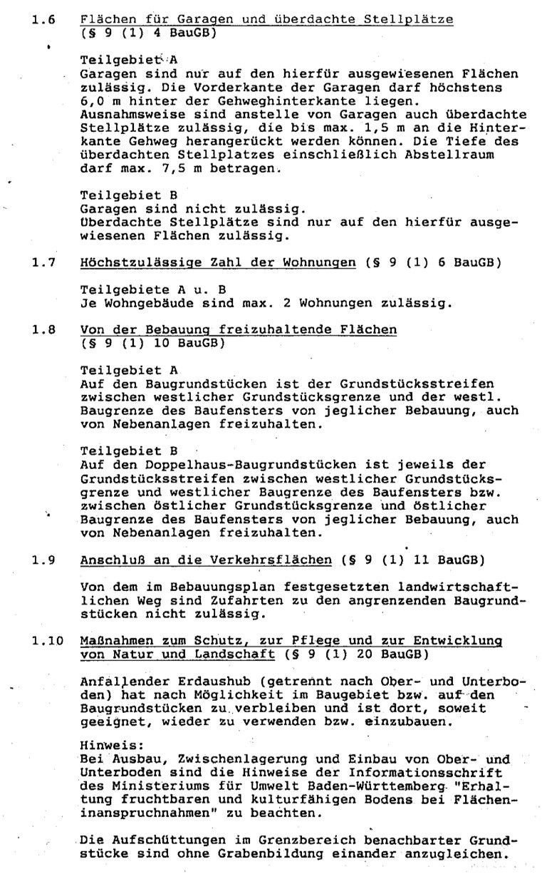 Scan eines Baurechtsdokuments zu Garagenflaechen und ueberdachten Stellplaetzen.