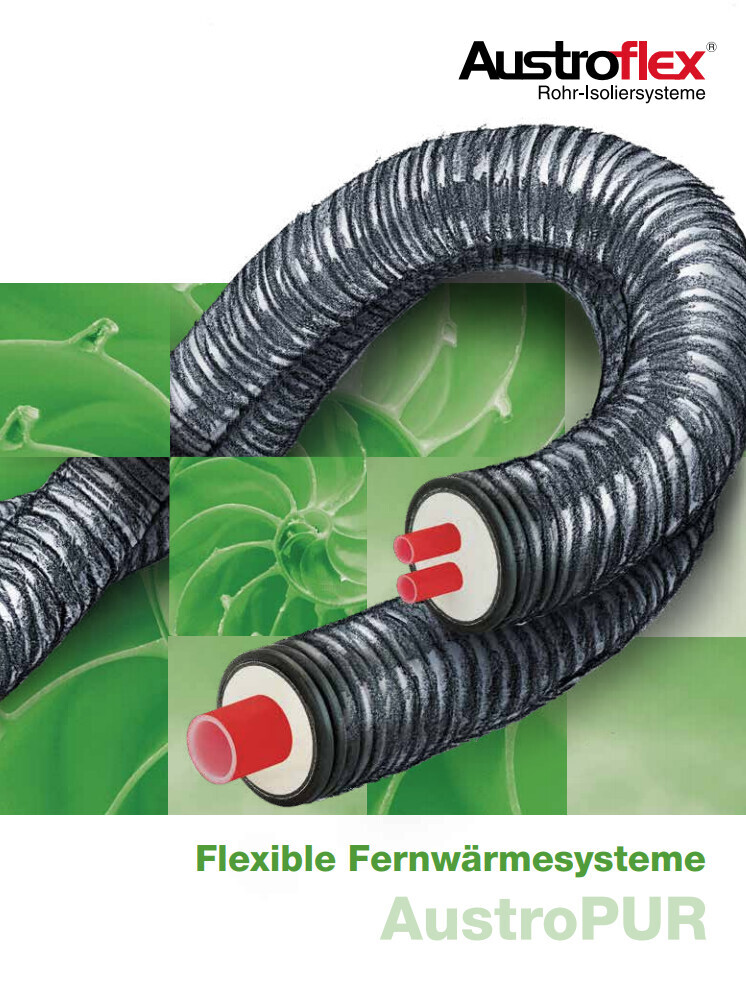Schwarze flexible Rohrisolierung in U-Form mit roten Endkappen vor grünem Hintergrund.