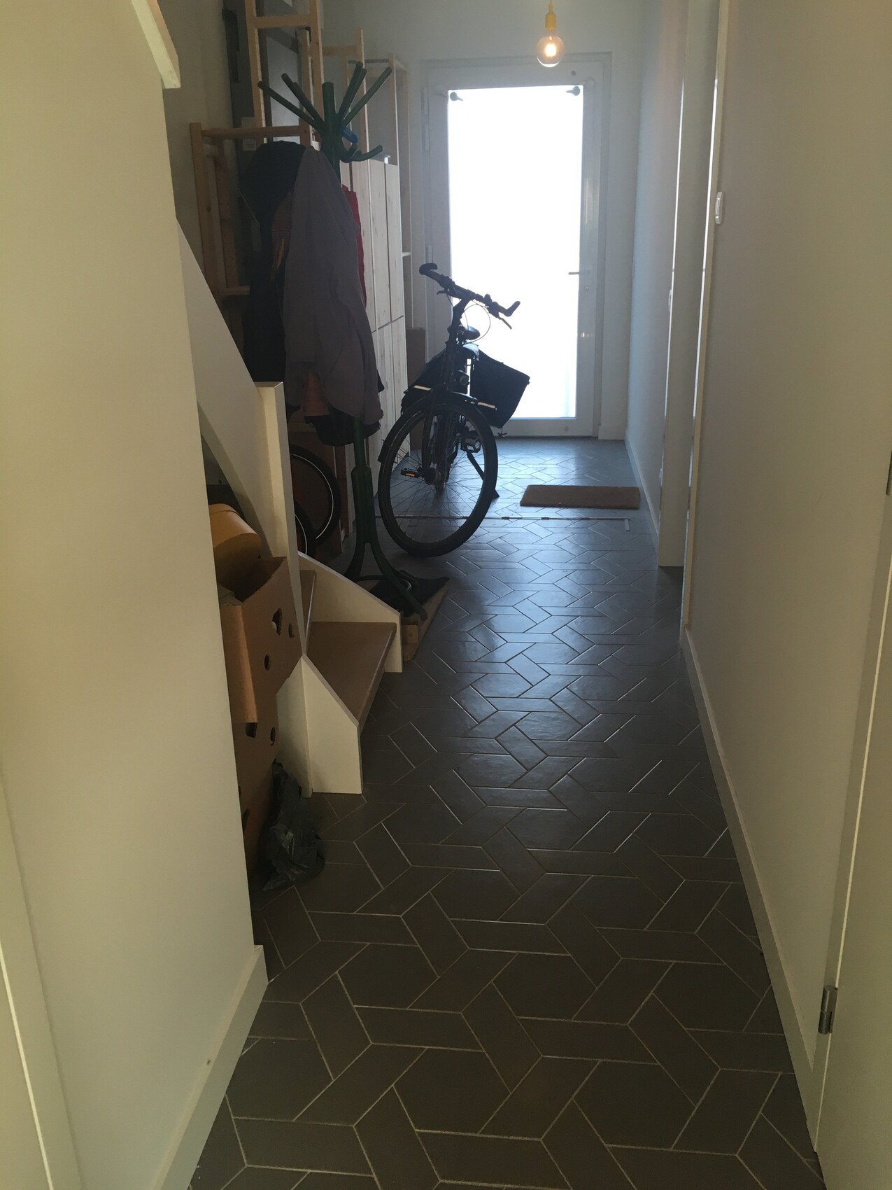 Kleiner Flur mit Fahrrad vor der hellen Tür, Mantelgarderobe links und Schuhregal.