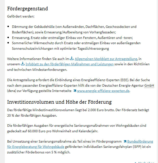 Informationsseite zum Fördergegenstand, Förderhöhe und Investitionsvolumen (Dämmung, Fenster, Sonnenschutz).