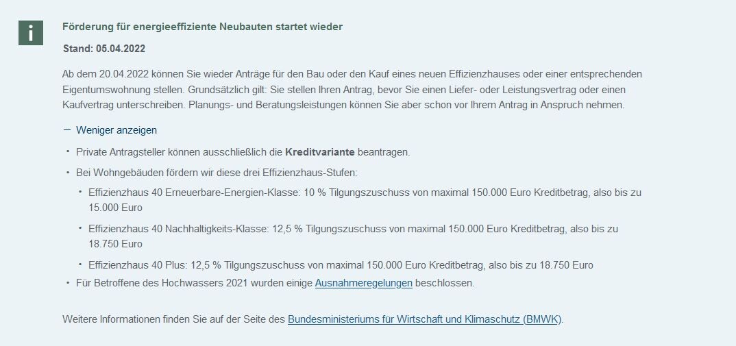 Informationsseite zur Förderung energieeffizienter Neubauten mit Kreditvarianten und Datum