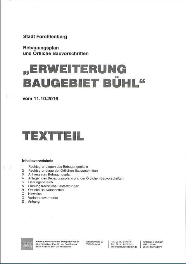 Deckblatt eines Bebauungsplans: Erweiterung des Baugebietes Bühl, Forchtenberg, 11.10.2016