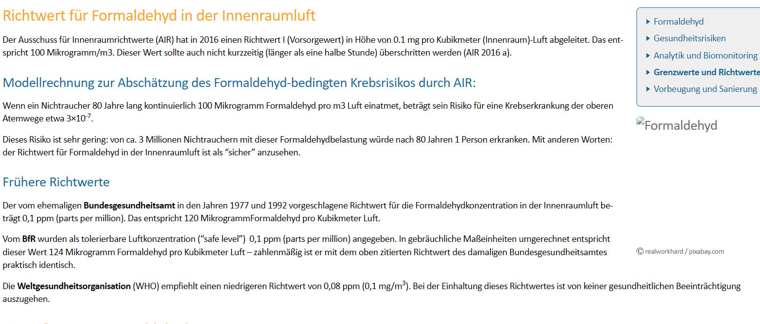 Webseite zu Richtwerten für Formaldehyd in Innenluft, inkl. AIR-Risiko und frühere Werte.