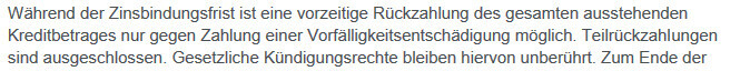 Text zur Vorfälligkeitsentschädigung bei Kredit in Zinsbindungsfrist; Teilrückzahlung möglich.