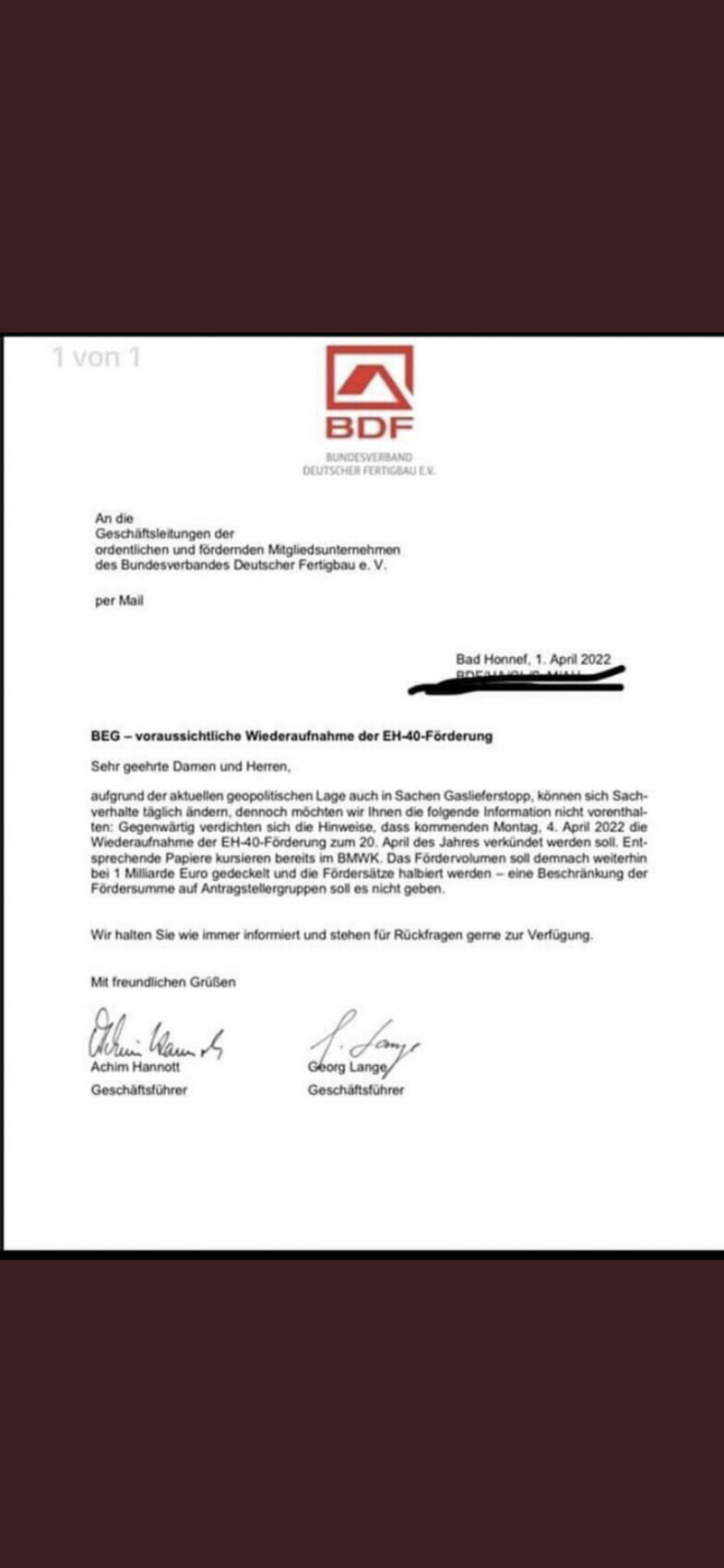 Formeller BDF-Brief mit Logo, Betreff: BEG und EH-40-Förderung, Unterschriften.