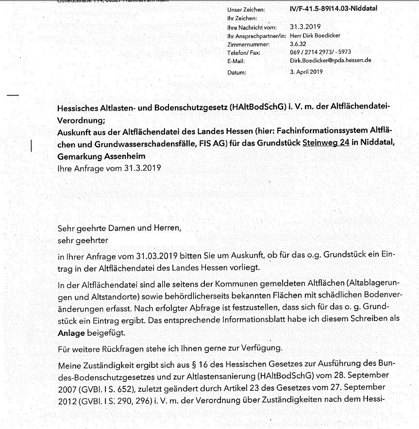 Behördlicher Brief aus Hessen zur Altlasten- und Bodenschutzdatei, Grundstück Steinweg 24, Niddatal.