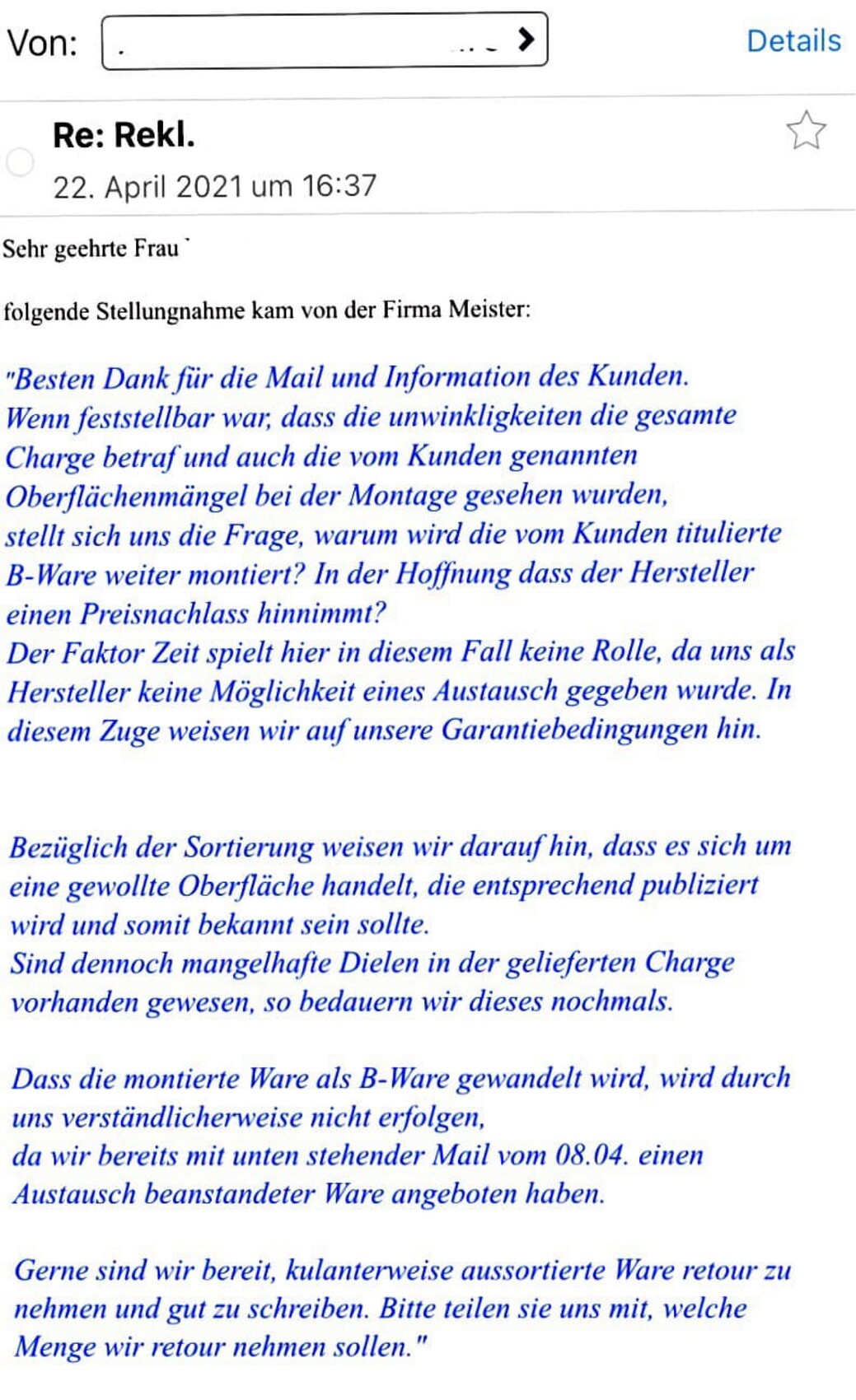 Screenshot einer geschäftlichen E-Mail mit Betreff Re: Rekl. und mehrzeiligem blauem Kursivtext.
