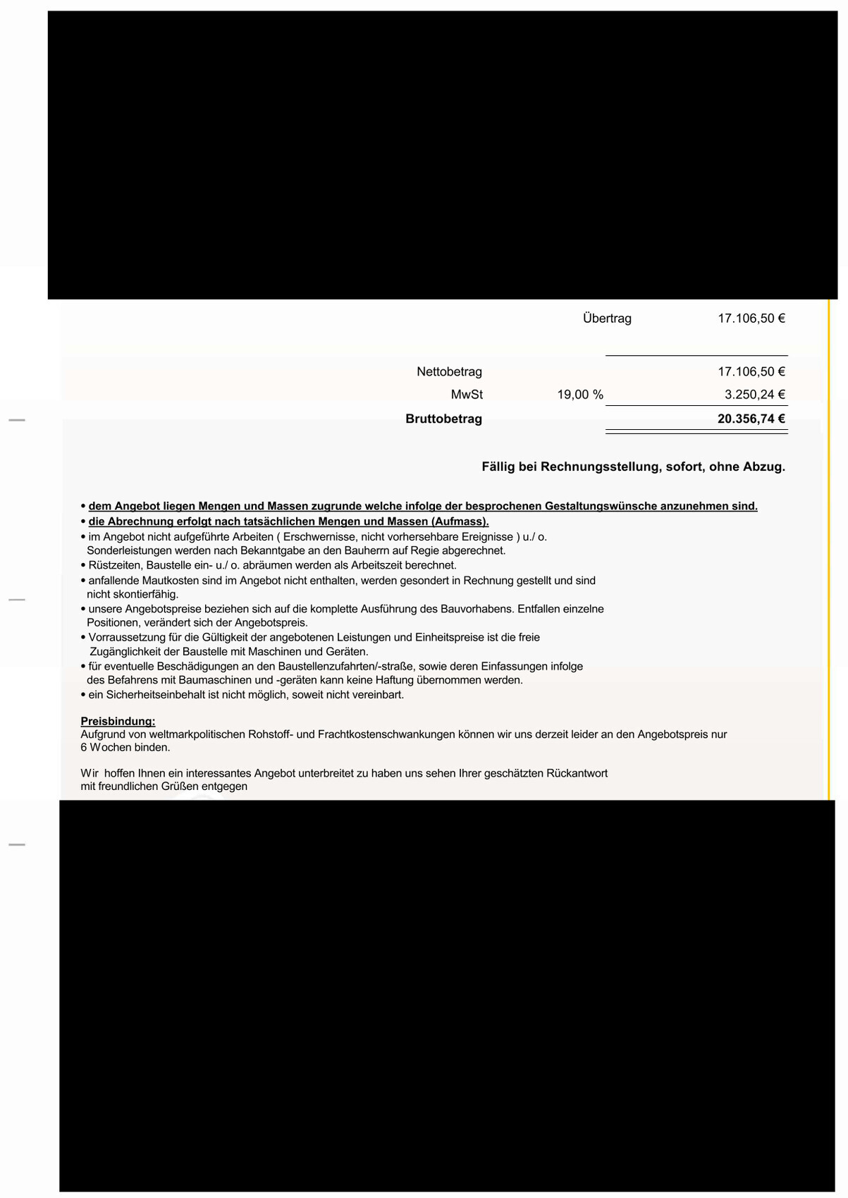 Rechnung mit Nettobetrag 17.106,50 €, MwSt 19% und Bruttobetrag 20.356,74 €, sofort fällig