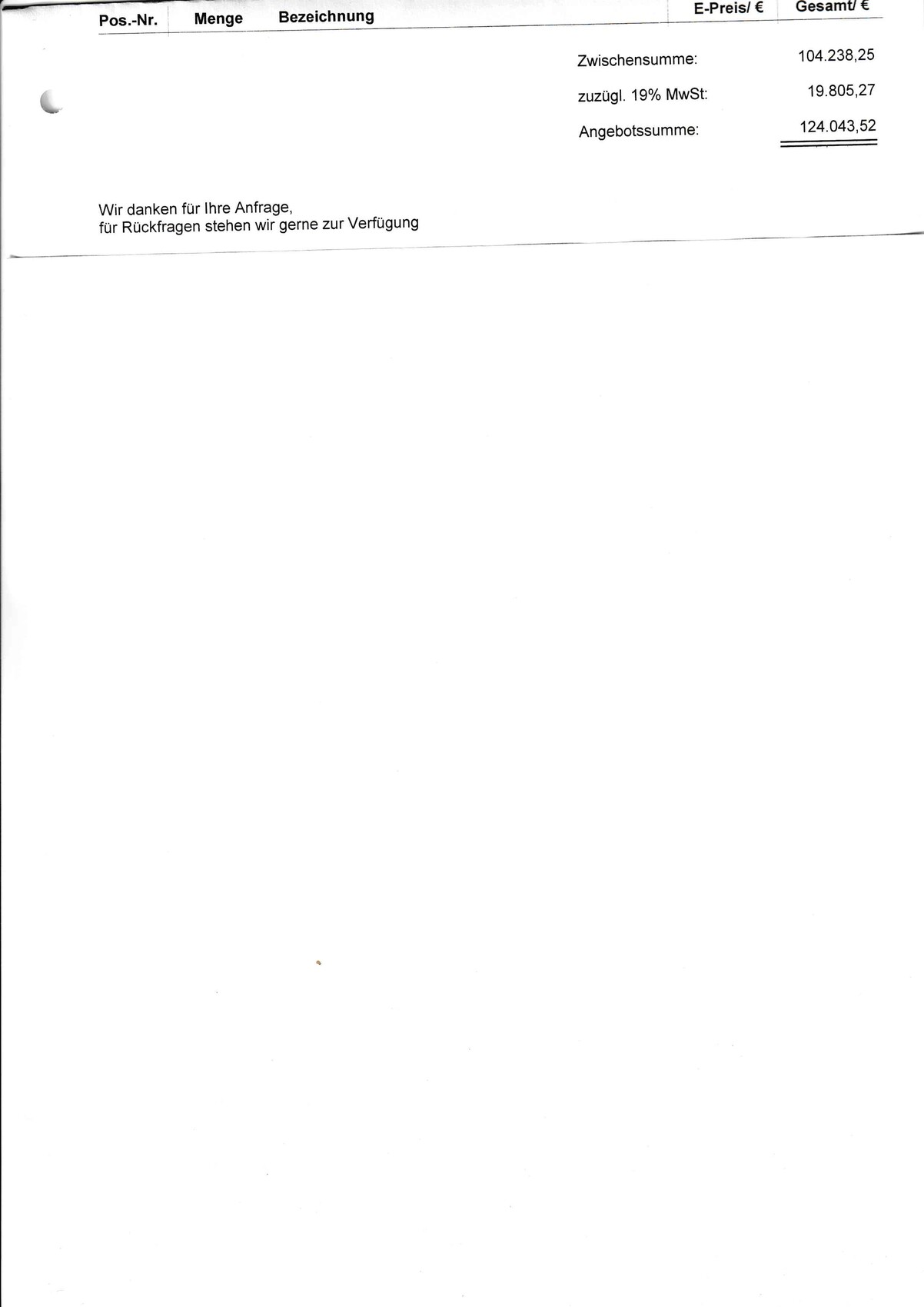 Scan einer Rechnungsvorlage mit Tabellenkopf, Zwischensumme, MwSt. und Angebotssumme.