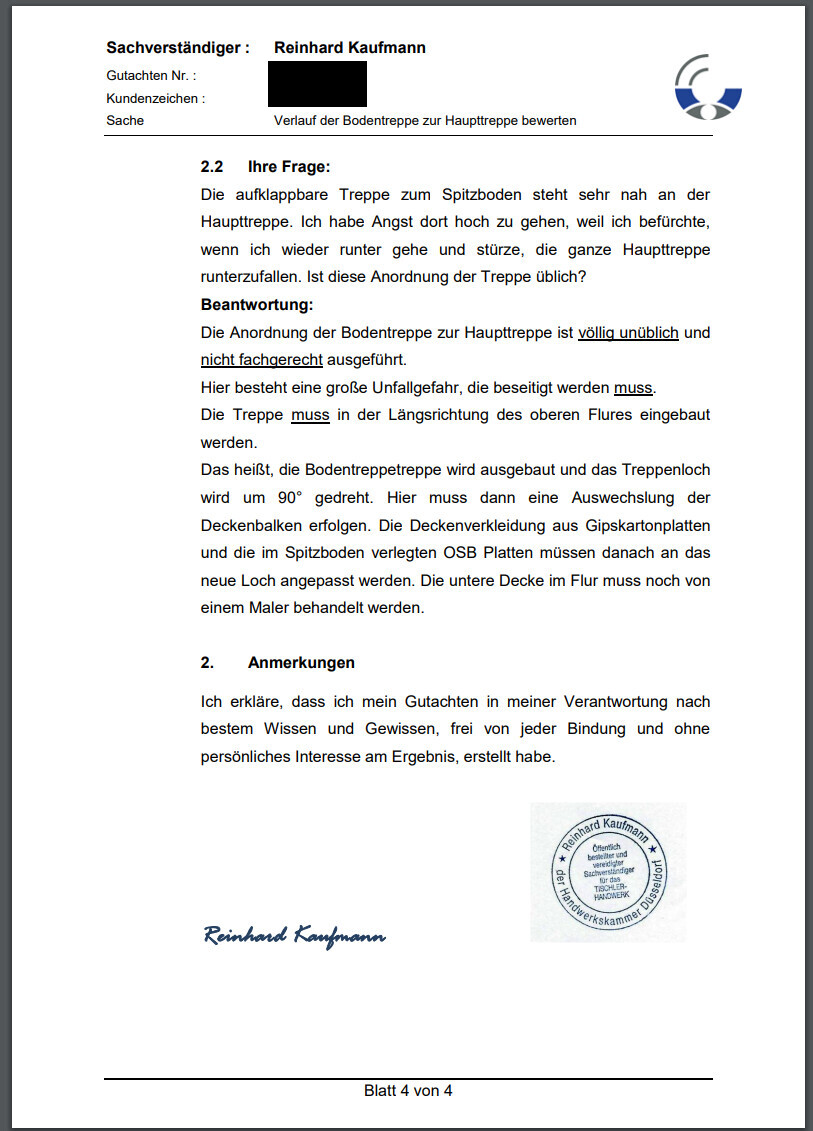 Formelles Gutachtenblatt mit Kopfzeile, Textpassagen, Unterschrift und Stempel