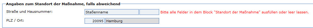 Webformular: Standortangaben mit Feldern für Straße und PLZ/Ort (Beispiel 20095 Hamburg)