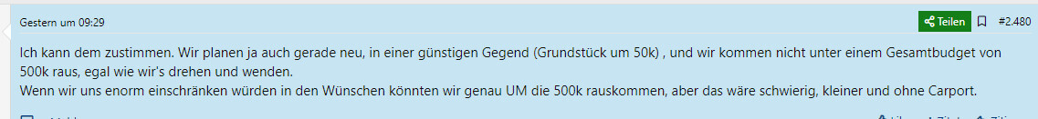 Screenshot eines Chattexts auf Deutsch über Immobilienplanung: Budget 500k, Grundstück ca. 50k.