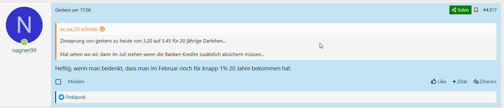 Forum-Beitrag mit blauem Design, Profilbild N, Text über Zinssprung und Kredite.