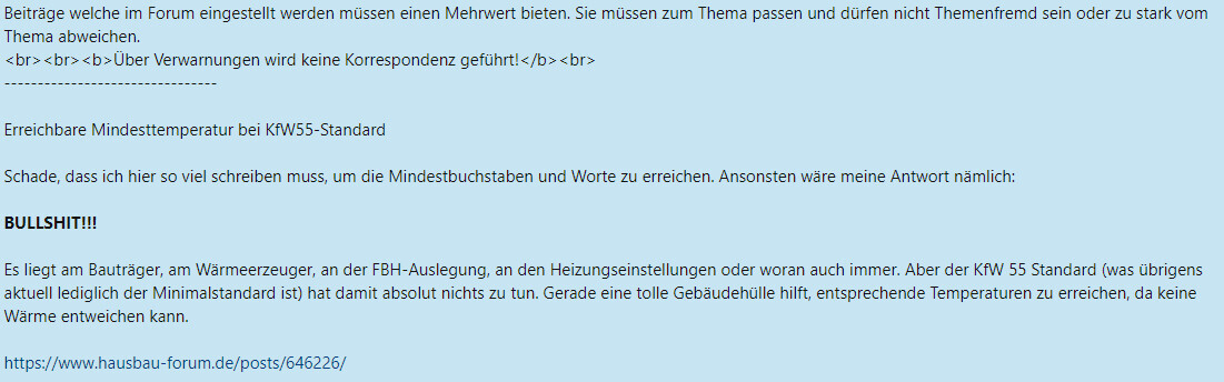 Forumbeitrag zur erreichbaren Mindesttemperatur im KfW55-Standard mit Kritik.
