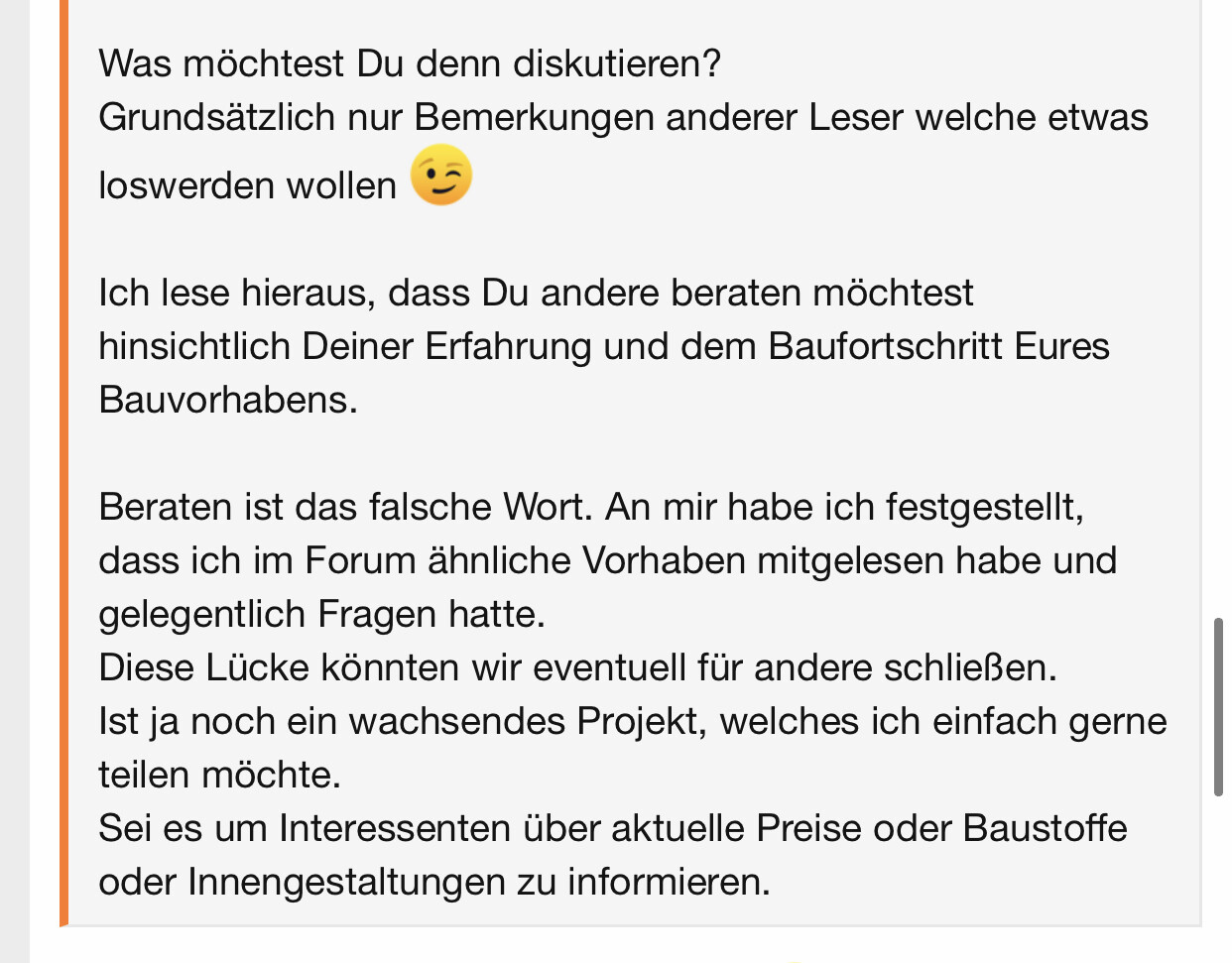 Screenshot eines deutschen Forum-Beitrags zu Bauvorhaben in einem Textfeld mit Emoji
