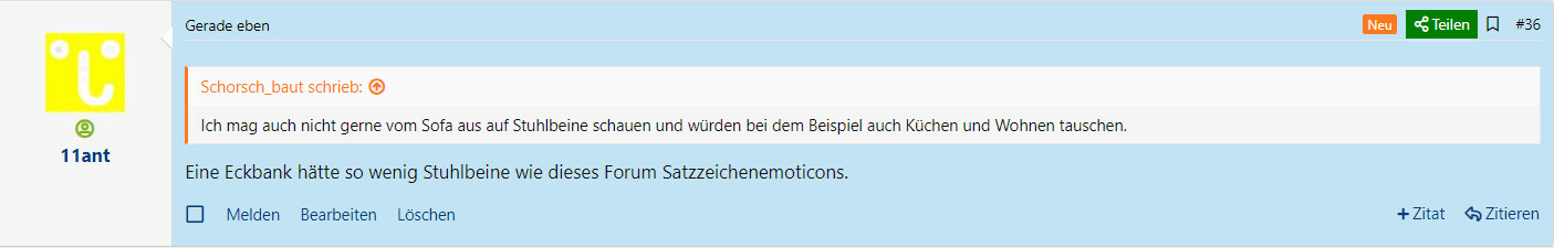 Foren-Beitrag: gelber Avatar, Schorsch_baut diskutiert Stuhlbeine und Eckbank.