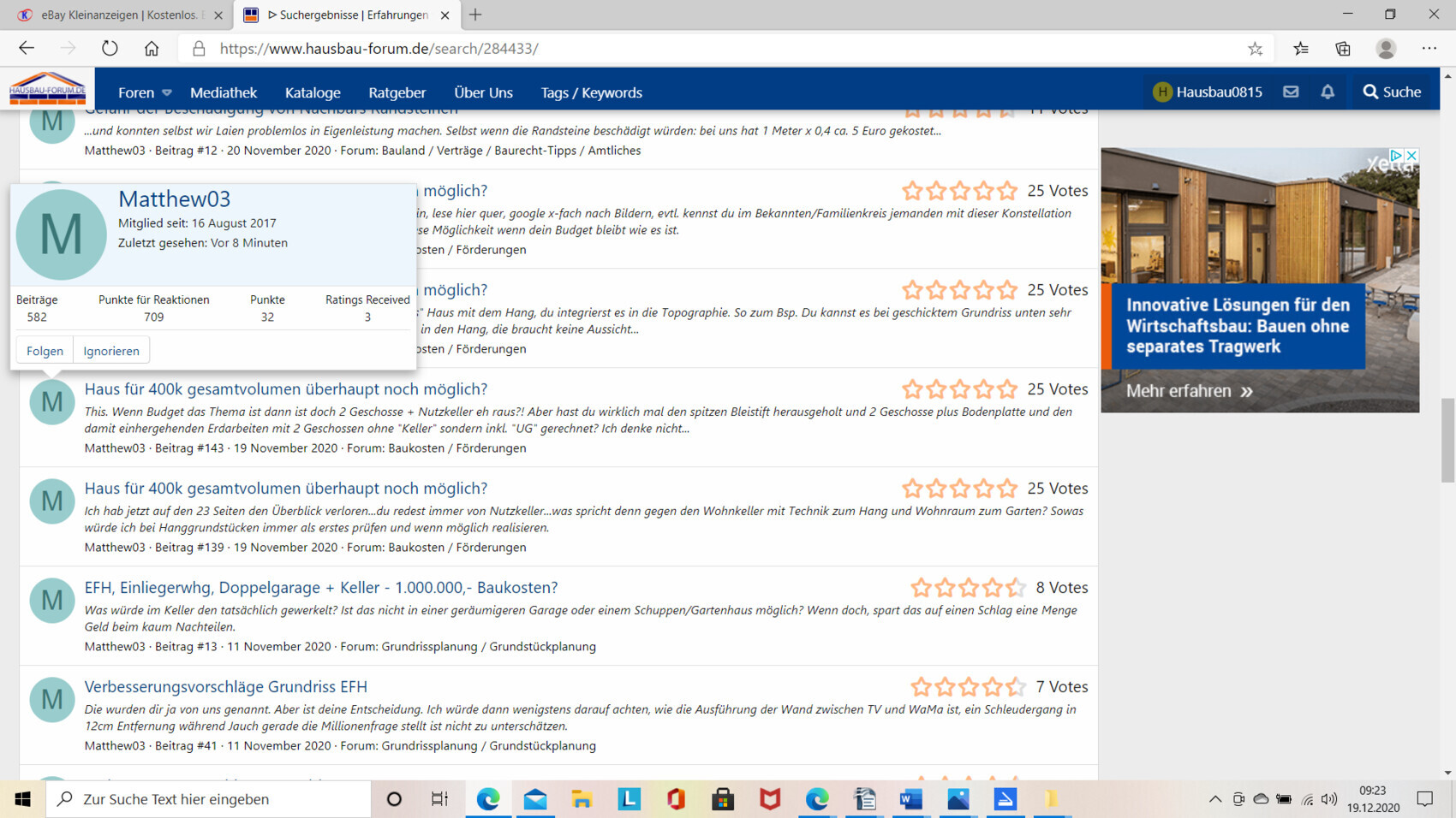 Screenshot des Hausbau-Forums: Liste von Beiträgen, Profil Matthew03, Werbebanner rechts.