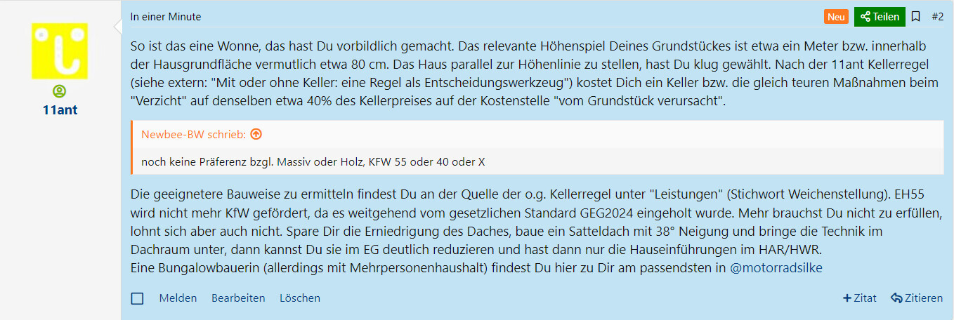 Screenshot eines Bau-Forenbeitrags mit Text zur Kellerregelung und Hausbau