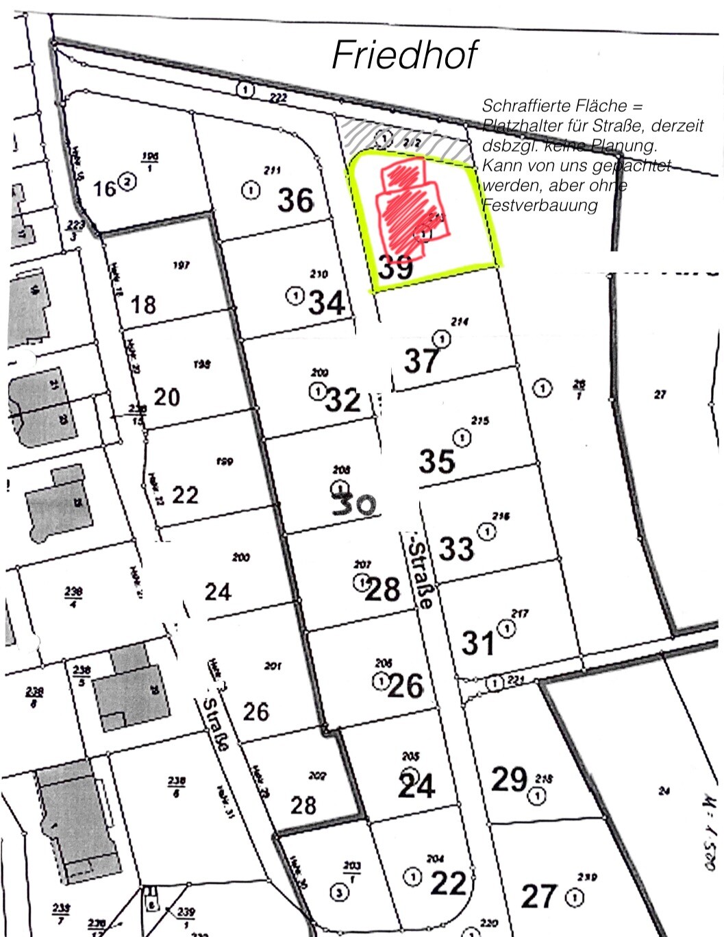 Lageplan des Friedhofs mit nummerierten Parzellen; gelb markierte Fläche.