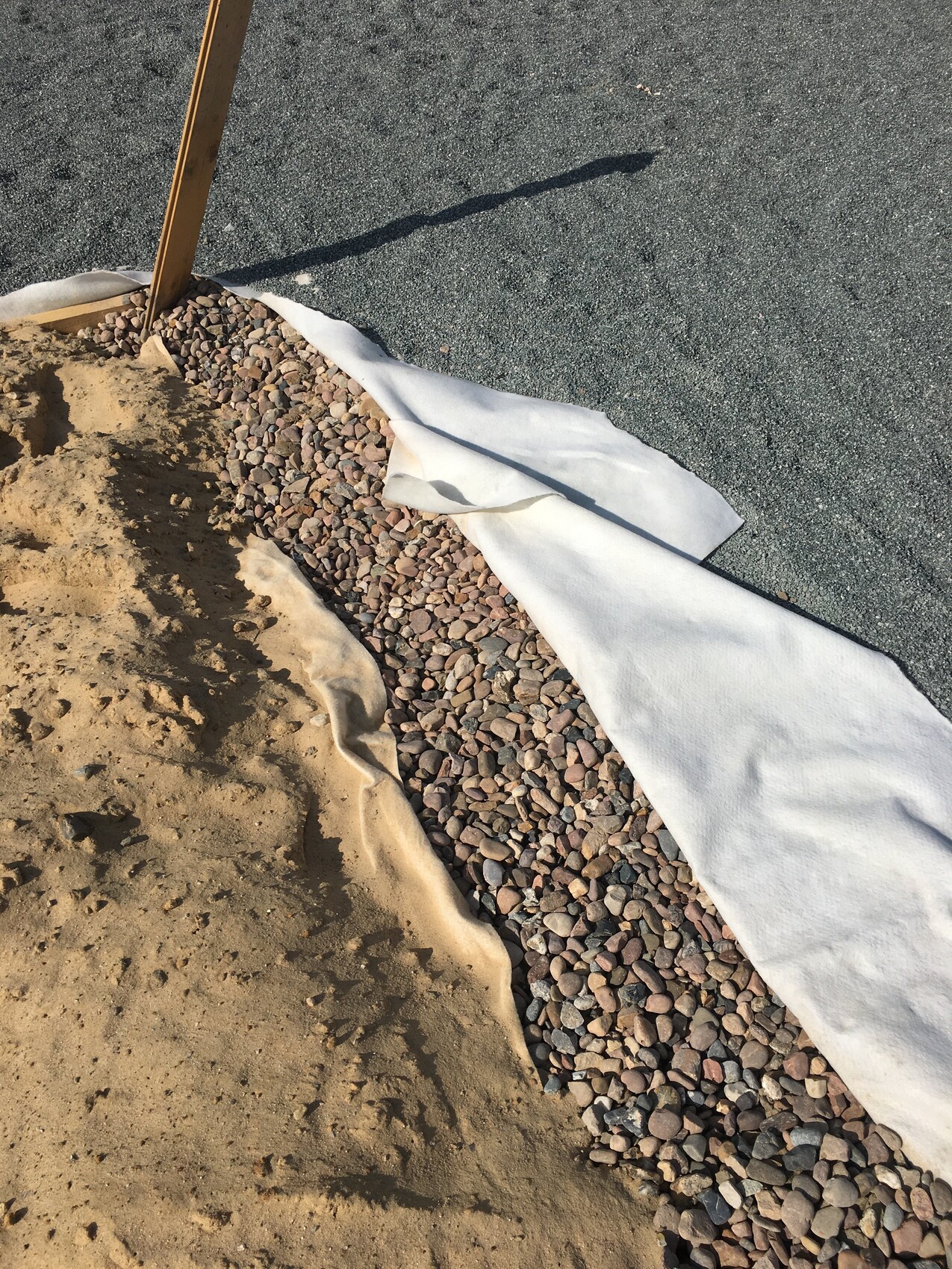 Sandhaufen, weißes Geotextil und Kies neben Asphaltfläche.