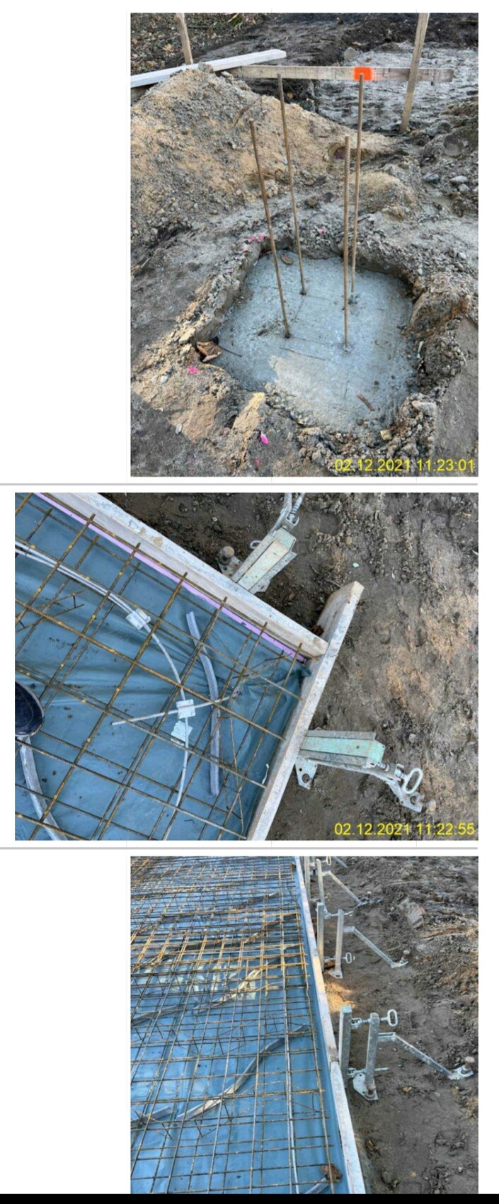 Baustelle: rundes Betonfundament mit Bewehrungsstäben, Stahlgitter und Schalung.