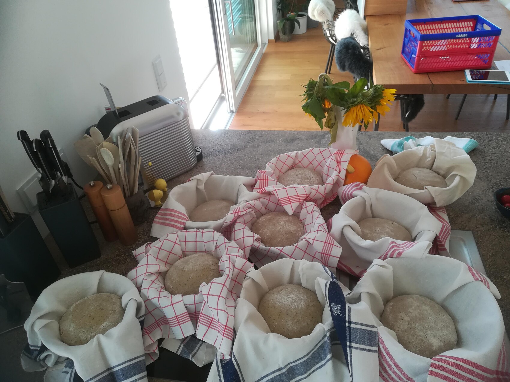 Mehrere runde Brote ruhen in Tuchkörben auf einer Küchenzeile; Sonnenblumen in Vase im Hintergrund.