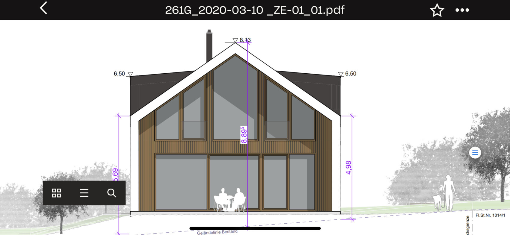 Frontansicht eines modernen Holzhauses mit Satteldach und großen Fenstern