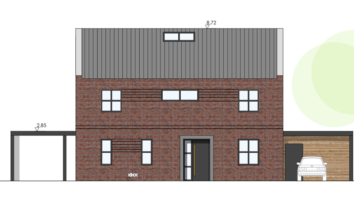 Frontansicht eines zweigeschossigen Backsteinhauses mit Garage