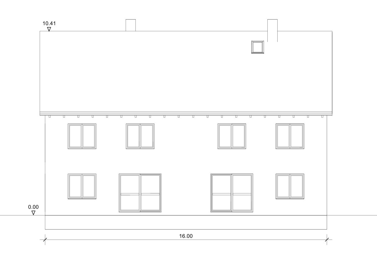 Zweistöckige Hausfrontansicht mit Dach, Fenstern und 16 m Breite (Architekturzeichnung).