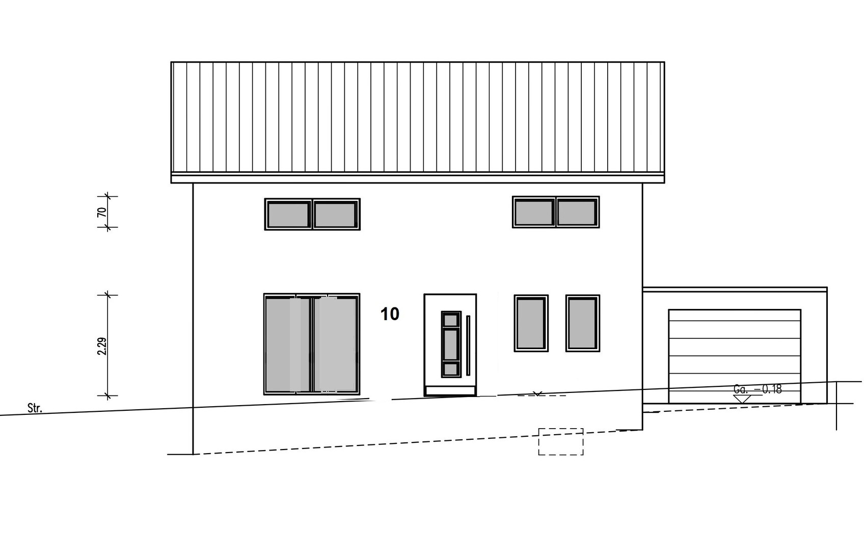 Architektenzeichnung eines zweigeschossigen Hauses mit Dach, Fensterfronten, Tür und Garage.