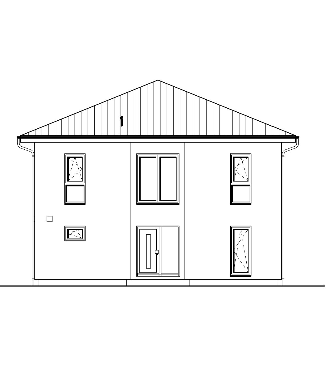 Frontansicht eines zweistöckigen Hauses mit Satteldach, zentraler Tür und Fenster.