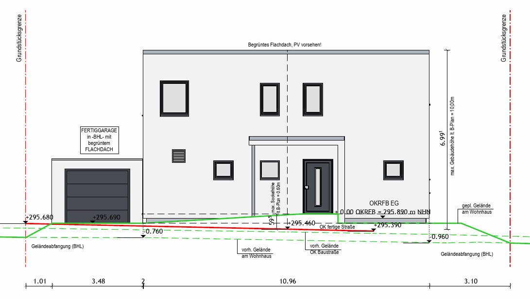 Architekturzeichnung: zweigeschossiges Haus mit Garage, Eingang und Fenstern, Maßangaben.