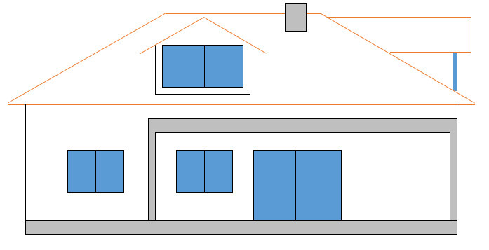 Frontansicht eines Hauses mit Garage und blauen Fenstern – einfache Zeichnung