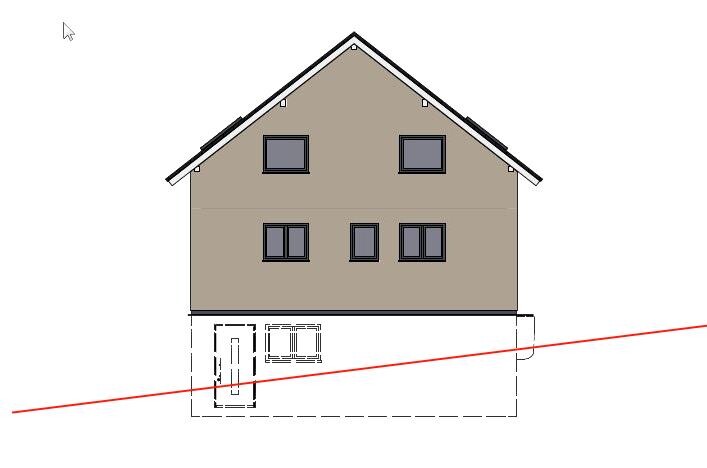Zweistöckiges Haus mit Satteldach und Fenstern; rote diagonale Linie durch unteren Bereich.
