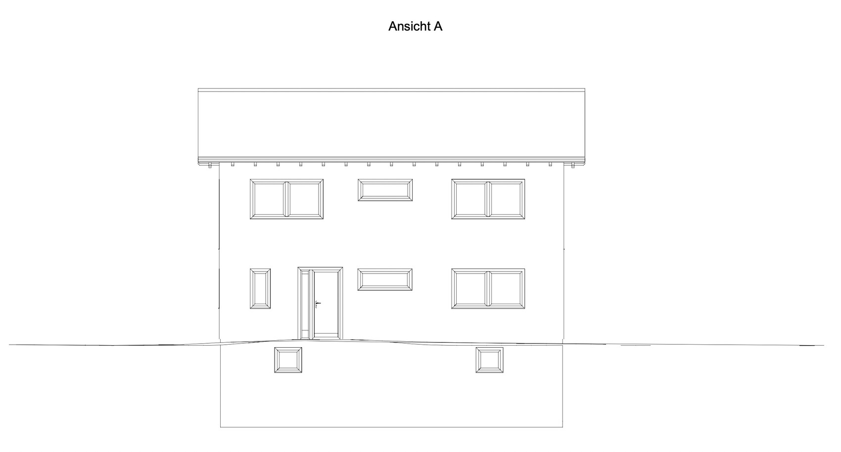 Vorderfront eines zweistöckigen Hauses als Linienzeichnung mit Fenstern und Tür