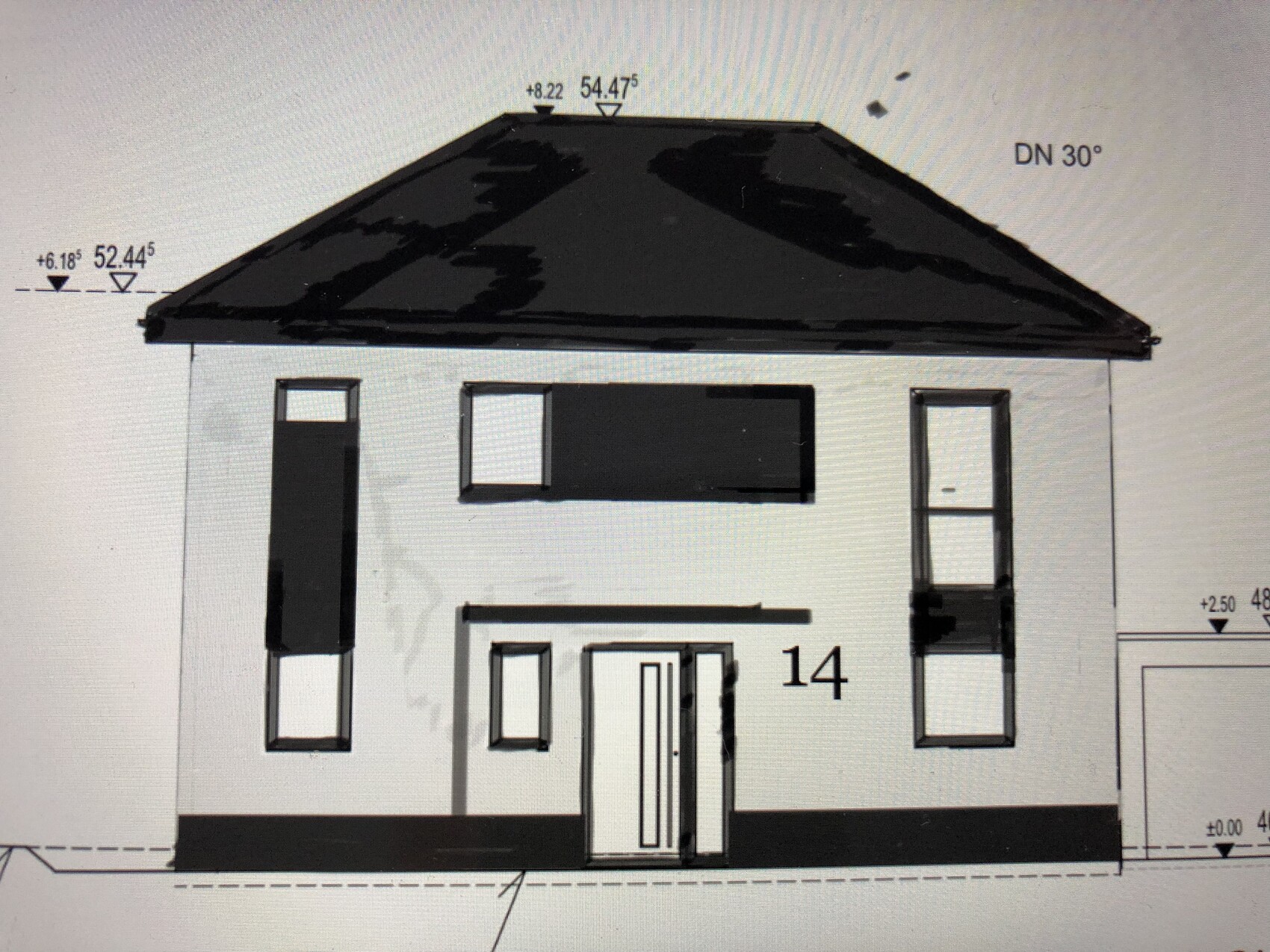 Ansicht eines zweigeschossigen Hauses mit Satteldach, Fenstern und Haustür, Nr. 14.