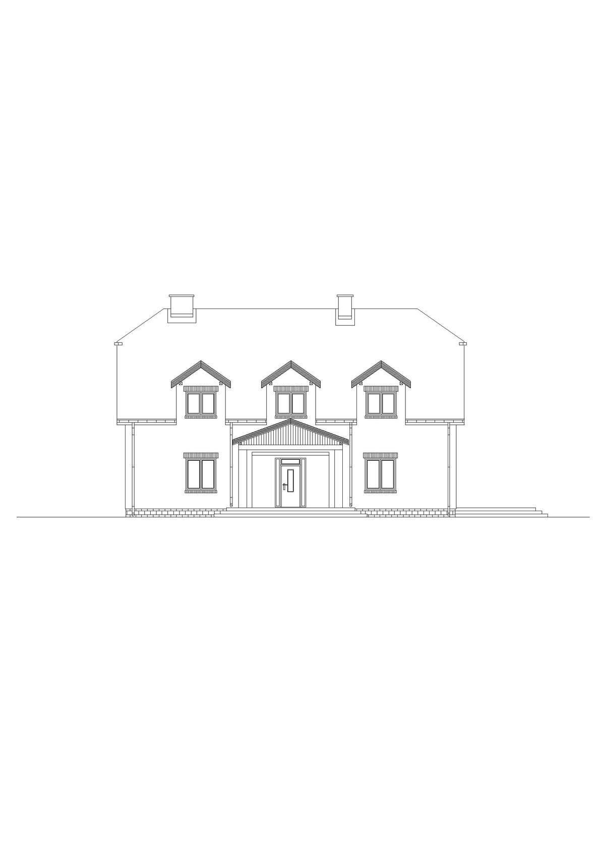 Architekturzeichnung eines zweigeschossigen Hauses mit zentraler Eingangstür und drei Dachgauben.