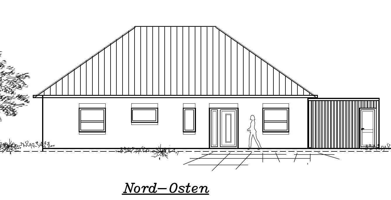 Nord-Osten: einstöckiges Haus mit Satteldach, Tür, Fenster, Anbau und einer Person davor.