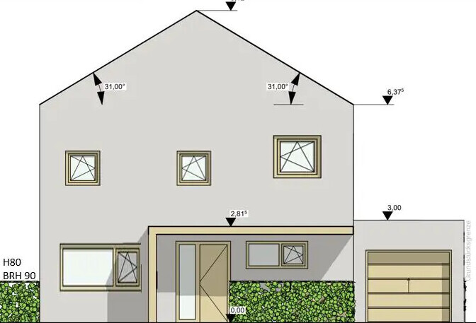 Außenansicht eines zweigeschossigen Hauses mit Satteldach, Fensterfront, Eingang und Garage.