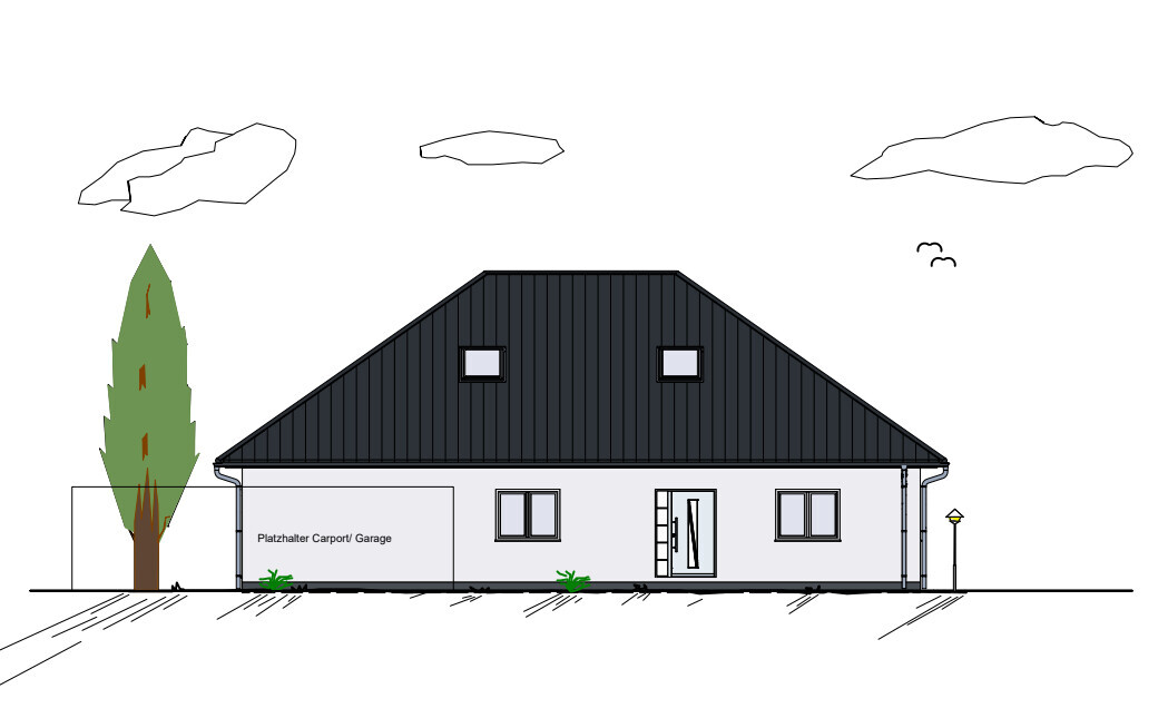 Einfamilienhaus mit dunklem Satteldach, Carport links, Baum links und Fensterfronten.